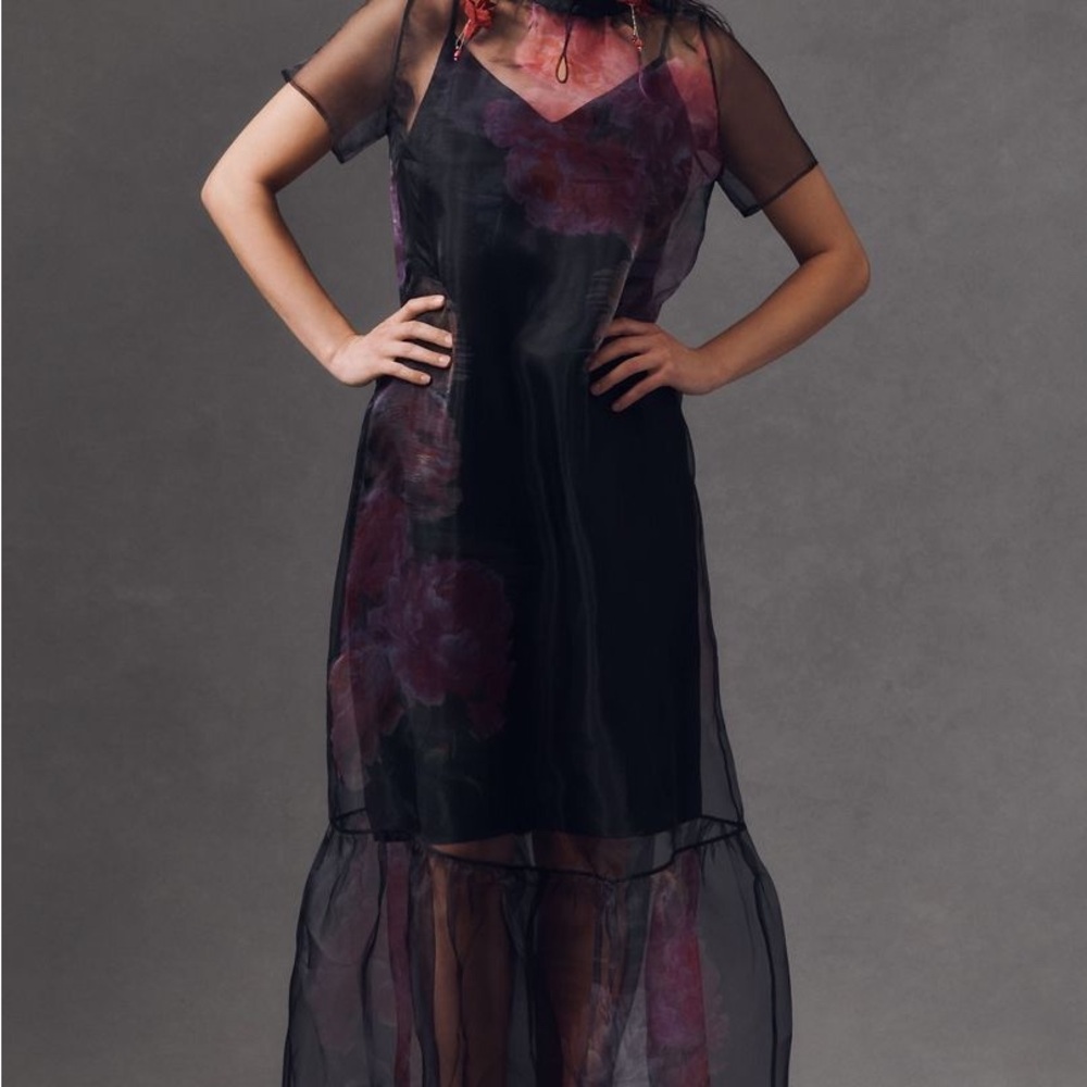 BHLDN Black Sheer Floral Midi Dress
